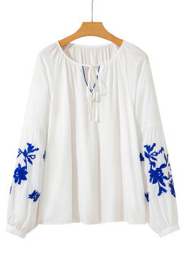 White Floral Embroidered Drawstring V Neck Blouse