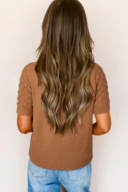 Straw Yellow Fish Scale Textured Knit Ribbed High Neck Short Sleeve Sweater