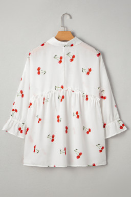 White Cherry Print Flounce Sleeve Collared Frilled Babydoll Blouse