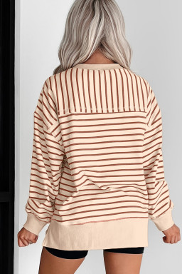 Khaki Stripe Ribbed Band Seam Detail Baggy Sweatshirt