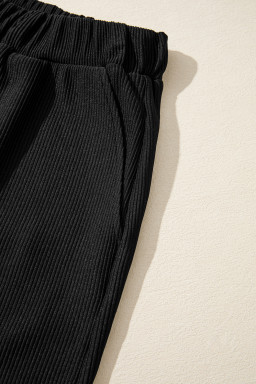 Black Ribbed Texture Baggy Drop Shoulder Pullover and Shorts Set