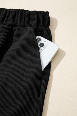 Black Ribbed Texture Baggy Drop Shoulder Pullover and Shorts Set