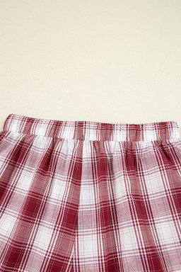 Red Retro Plaid Long Sleeve Shirt Drawstring Shorts 2pcs Lounge Set