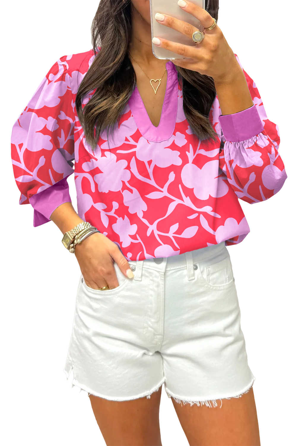 Red Floral Print Split V Neck Cuffed Bracelet Sleeve Blouse