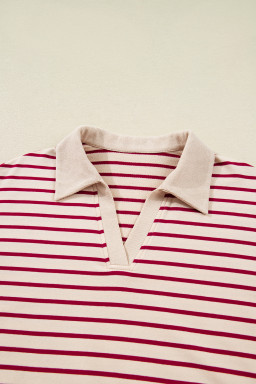 Red Stripe Cropped Collared Drop Shoulder Pullover and Bubble Mini Skirt Set