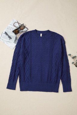 Navy Blue Mix Texture Knit Eyelet Detail Casual Sweater