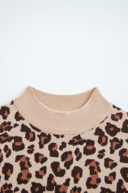 Khaki Leopard Print High Neck Shift Mini Sweater Dress