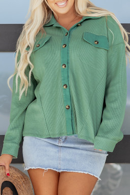 Grass Green Waffle Knit Vintage Patchwork Button Up Loose Shirt