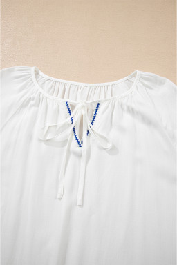 White Floral Embroidered Drawstring V Neck Blouse