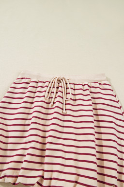 Red Stripe Cropped Collared Drop Shoulder Pullover and Bubble Mini Skirt Set