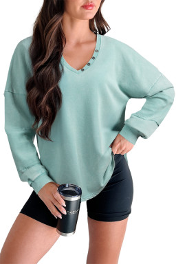 Mist Blue Mineral Wash Exposed Seam Buttoned V Neck Pullover Top