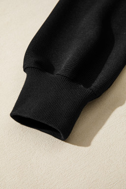 Black Ribbed Texture Baggy Drop Shoulder Pullover and Shorts Set