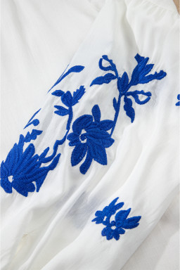 White Floral Embroidered Drawstring V Neck Blouse