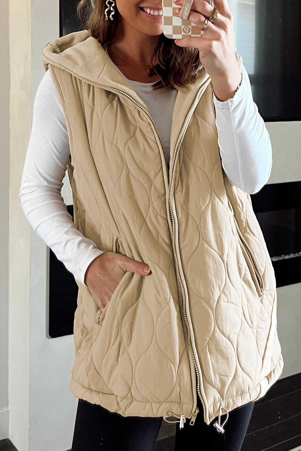 Pale Khaki Quilted Padded Casual Winter Jacket Vest with Fleece Lining