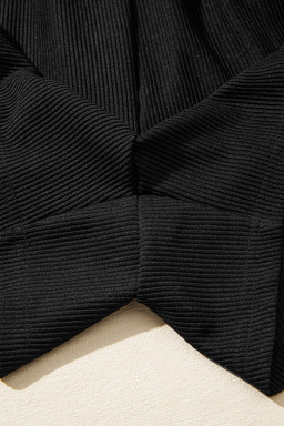 Black Ribbed Texture Baggy Drop Shoulder Pullover and Shorts Set