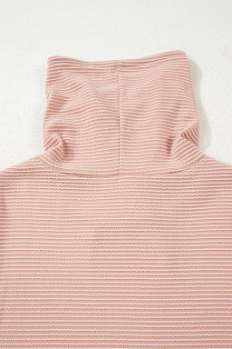 Apricot Pink Horizontal Twist Ribbed Drawstring Cowl Neck Knit Top