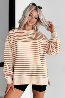 Khaki Stripe Ribbed Band Seam Detail Baggy Sweatshirt