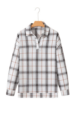 White Plaid Print Collared V Neck Loose Blouse with Side Slits