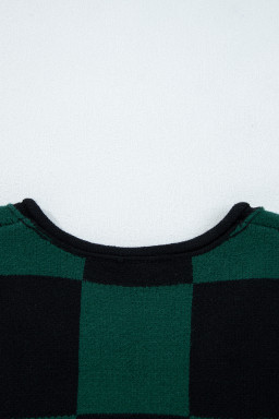 Green Checked Notched Neckline Drop Shoulder Knit Sweater