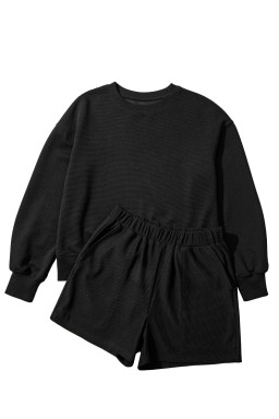 Black Ribbed Texture Baggy Drop Shoulder Pullover and Shorts Set