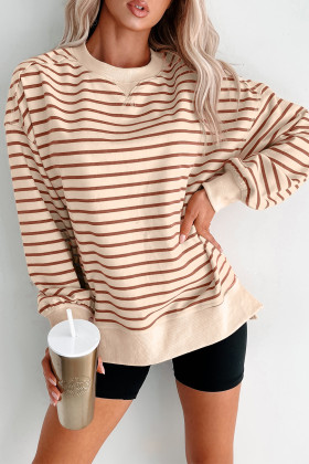 Khaki Stripe Ribbed Band Seam Detail Baggy Sweatshirt
