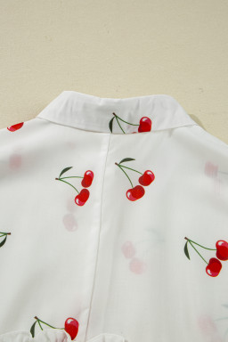 White Cherry Print Flounce Sleeve Collared Frilled Babydoll Blouse
