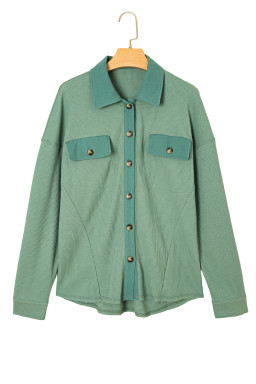 Grass Green Waffle Knit Vintage Patchwork Button Up Loose Shirt