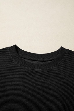 Black Ribbed Texture Baggy Drop Shoulder Pullover and Shorts Set