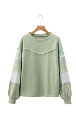 Laurel Green Floral Plaid Mixed Sleeve Raw Edge Relaxed French Terry Top