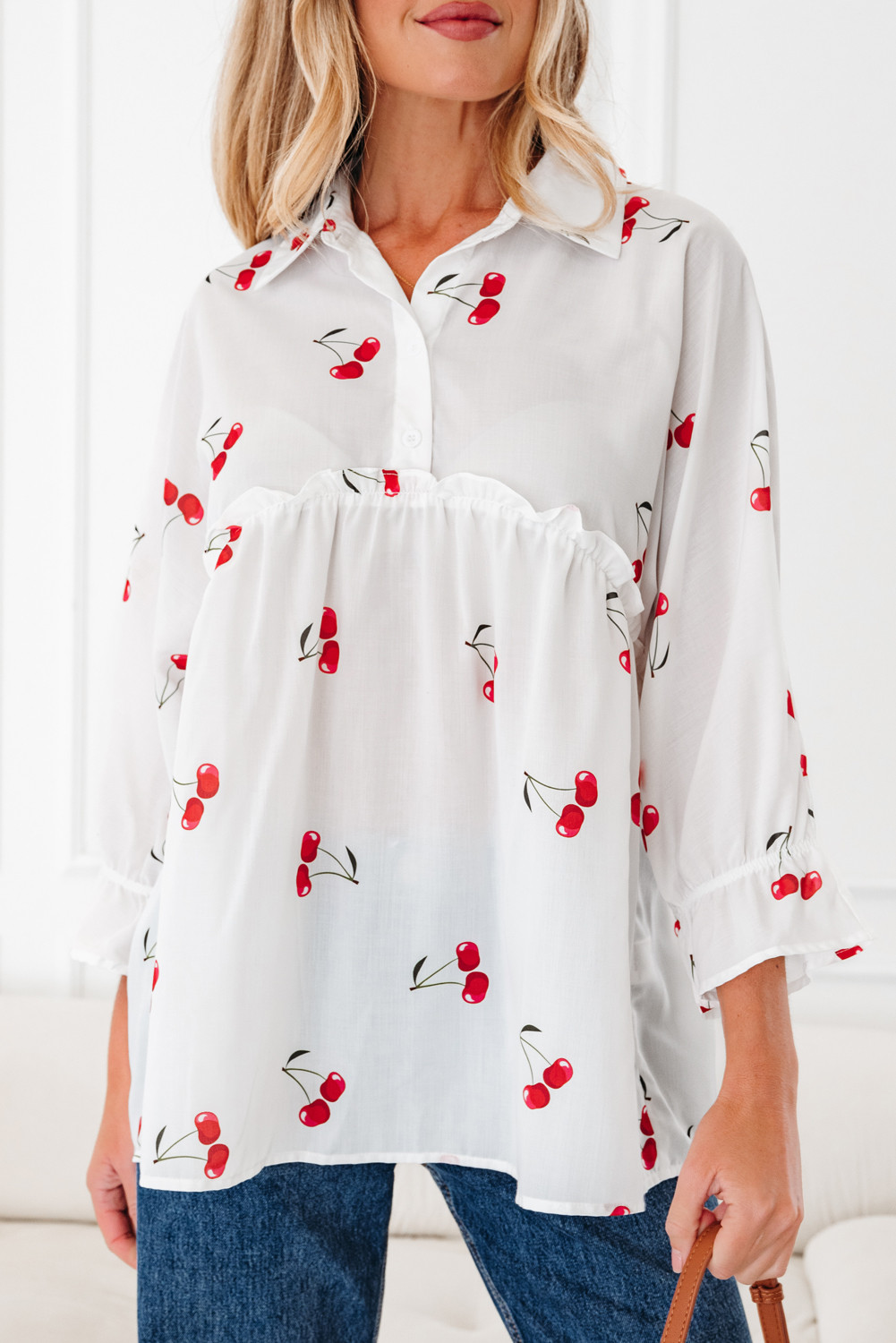 White Cherry Print Flounce Sleeve Collared Frilled Babydoll Blouse