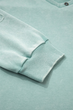 Mist Blue Mineral Wash Exposed Seam Buttoned V Neck Pullover Top