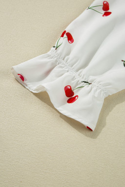 White Cherry Print Flounce Sleeve Collared Frilled Babydoll Blouse