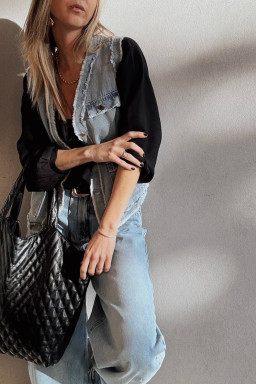 Beau Blue Frayed Edge Flap Pockets Denim Vest Jacket