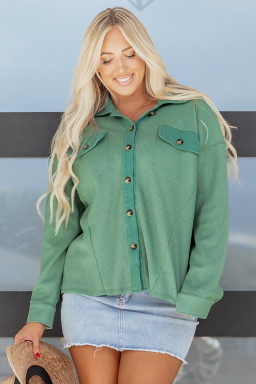 Grass Green Waffle Knit Vintage Patchwork Button Up Loose Shirt
