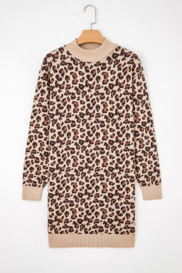 Khaki Leopard Print High Neck Shift Mini Sweater Dress