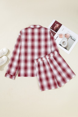 Red Retro Plaid Long Sleeve Shirt Drawstring Shorts 2pcs Lounge Set