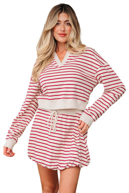 Red Stripe Cropped Collared Drop Shoulder Pullover and Bubble Mini Skirt Set