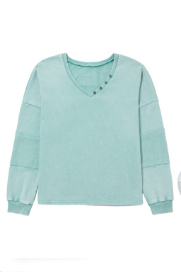 Mist Blue Mineral Wash Exposed Seam Buttoned V Neck Pullover Top