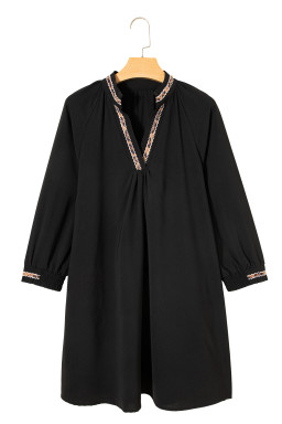 Black Contrast Trim V Neck Bracelet Sleeve Shift Mini Dress
