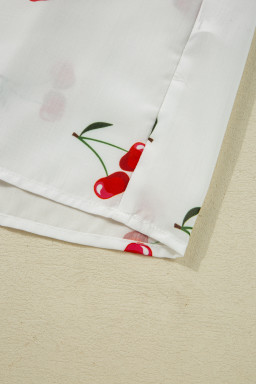 White Cherry Print Flounce Sleeve Collared Frilled Babydoll Blouse