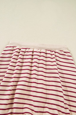 Red Stripe Cropped Collared Drop Shoulder Pullover and Bubble Mini Skirt Set