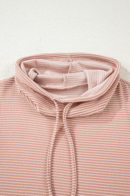 Apricot Pink Horizontal Twist Ribbed Drawstring Cowl Neck Knit Top