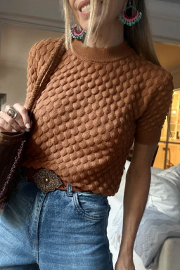 Straw Yellow Fish Scale Textured Knit Ribbed High Neck Short Sleeve Sweater