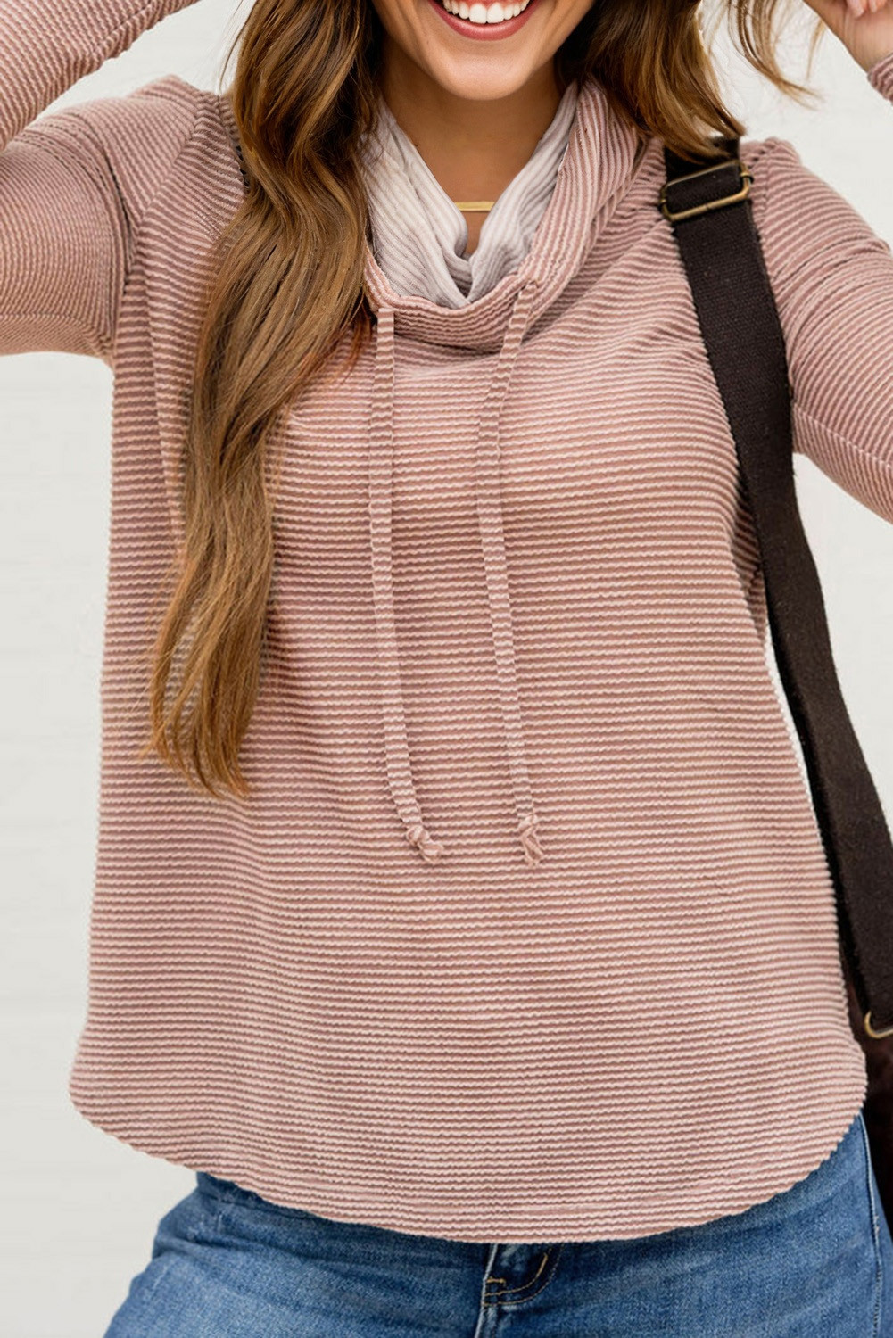 Apricot Pink Horizontal Twist Ribbed Drawstring Cowl Neck Knit Top