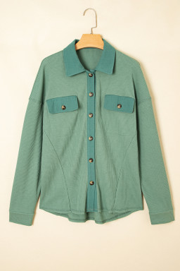 Grass Green Waffle Knit Vintage Patchwork Button Up Loose Shirt