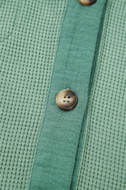Grass Green Waffle Knit Vintage Patchwork Button Up Loose Shirt