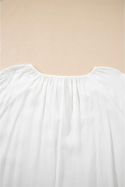 White Floral Embroidered Drawstring V Neck Blouse
