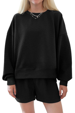 Black Ribbed Texture Baggy Drop Shoulder Pullover and Shorts Set