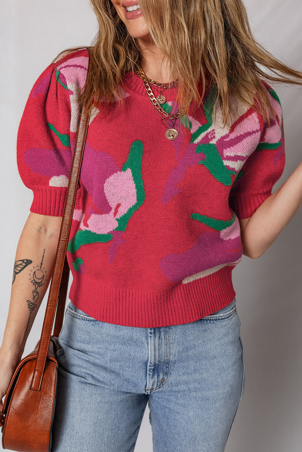 Red Floral Abstract Print Short Puff Sleeve Sweater