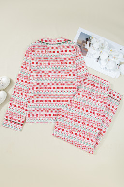 White Christmas Pattern Print Shirt Style Long 2pcs Pajama Set
